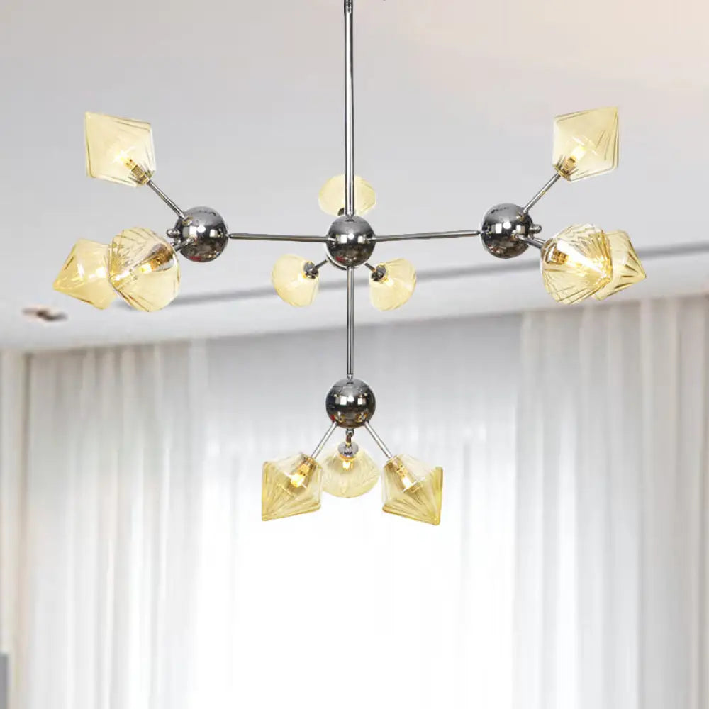 Industrial Stylish Glass Diamond Pendant Light Chandelier - 3/9/12 Bulbs Amber/Clear