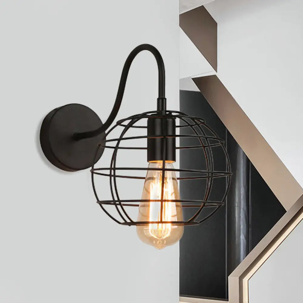 Industrial Stylish Globe Cage Wall Sconce - 1 Bulb Metal Light With Curved Arm Black Bedside