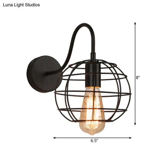 Industrial Stylish Globe Cage Wall Sconce - 1 Bulb Metal Light With Curved Arm Black Bedside