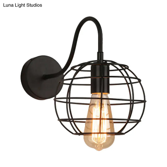 Industrial Stylish Globe Cage Wall Sconce - 1 Bulb Metal Light With Curved Arm Black Bedside