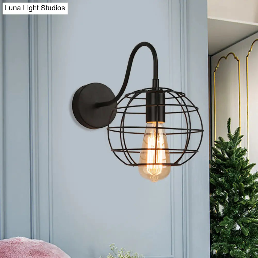 Industrial Stylish Globe Cage Wall Sconce - 1 Bulb Metal Light With Curved Arm Black Bedside