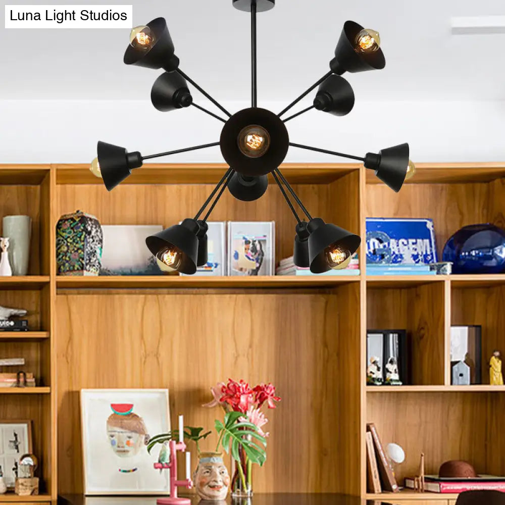 Sleek 9/12/15 Lights Black Chandelier Pendant Light With Industrial Sputnik Design - Cone Shade