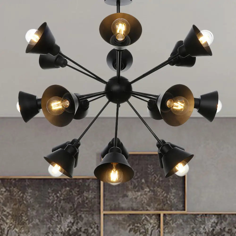 Industrial Stylish Metal Hanging Lamp With Sputnik Design - Cone Shade 9/12/15 Lights Black