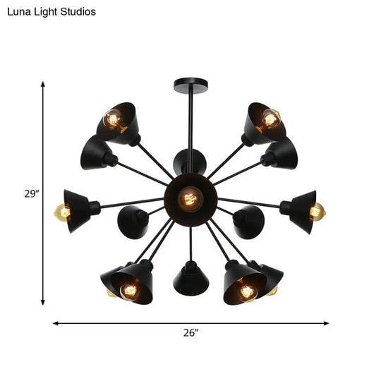 Sleek 9/12/15 Lights Black Chandelier Pendant Light With Industrial Sputnik Design - Cone Shade