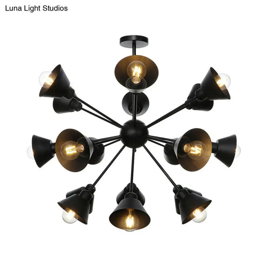 Sleek 9/12/15 Lights Black Chandelier Pendant Light With Industrial Sputnik Design - Cone Shade