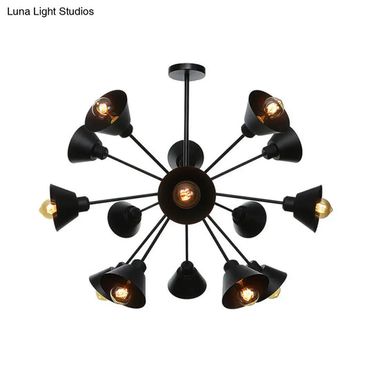 Sleek 9/12/15 Lights Black Chandelier Pendant Light With Industrial Sputnik Design - Cone Shade