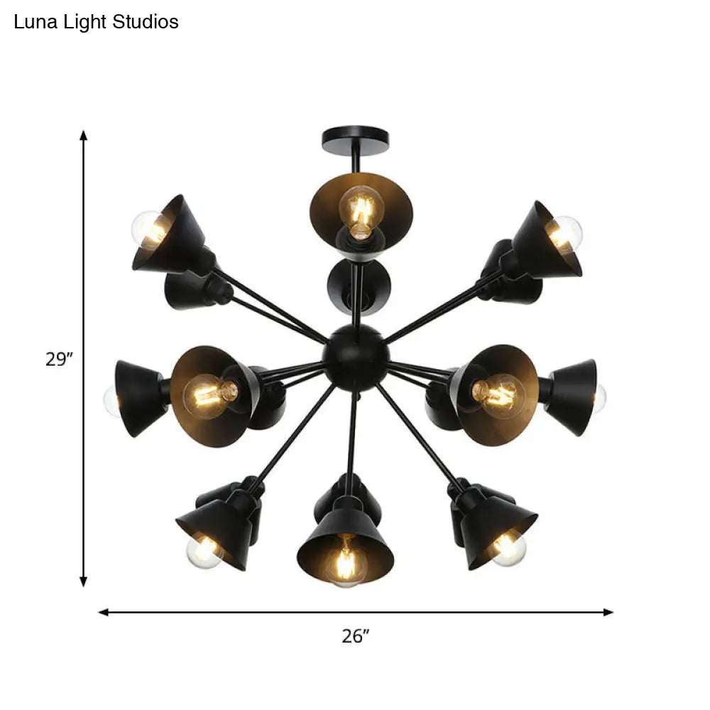 Sleek 9/12/15 Lights Black Chandelier Pendant Light With Industrial Sputnik Design - Cone Shade