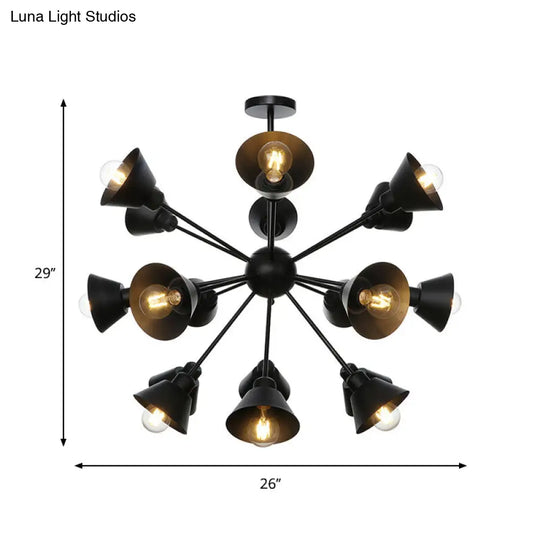 Sleek 9/12/15 Lights Black Chandelier Pendant Light With Industrial Sputnik Design - Cone Shade