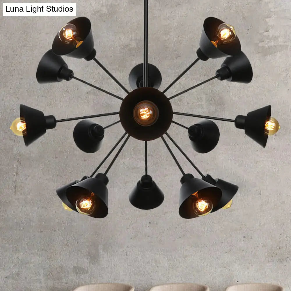 Sleek 9/12/15 Lights Black Chandelier Pendant Light With Industrial Sputnik Design - Cone Shade