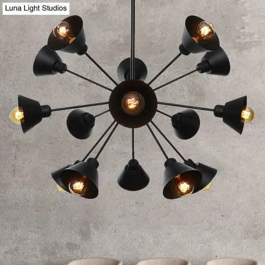 Sleek 9/12/15 Lights Black Chandelier Pendant Light With Industrial Sputnik Design - Cone Shade