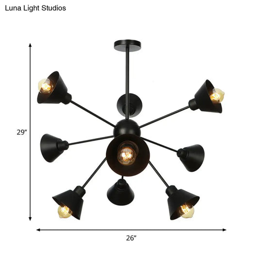 Sleek 9/12/15 Lights Black Chandelier Pendant Light With Industrial Sputnik Design - Cone Shade