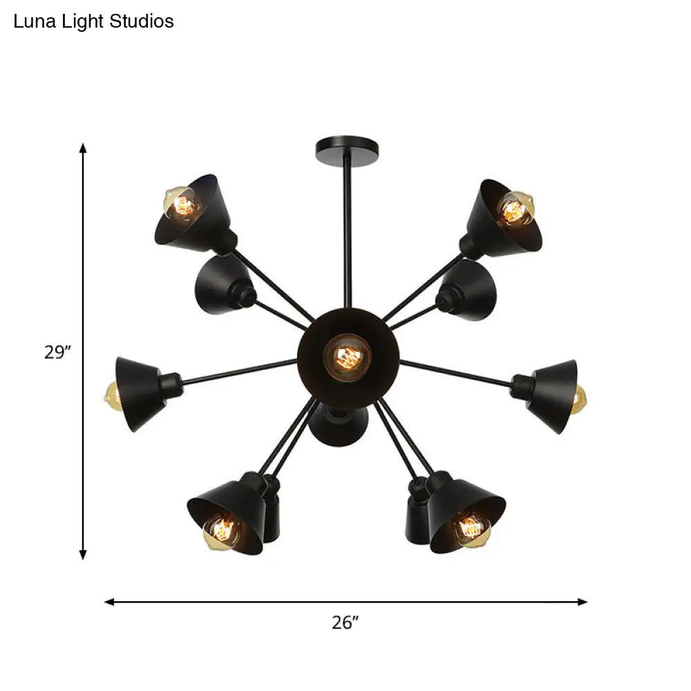 Industrial Stylish Metal Hanging Lamp With Sputnik Design - Cone Shade 9/12/15 Lights Black