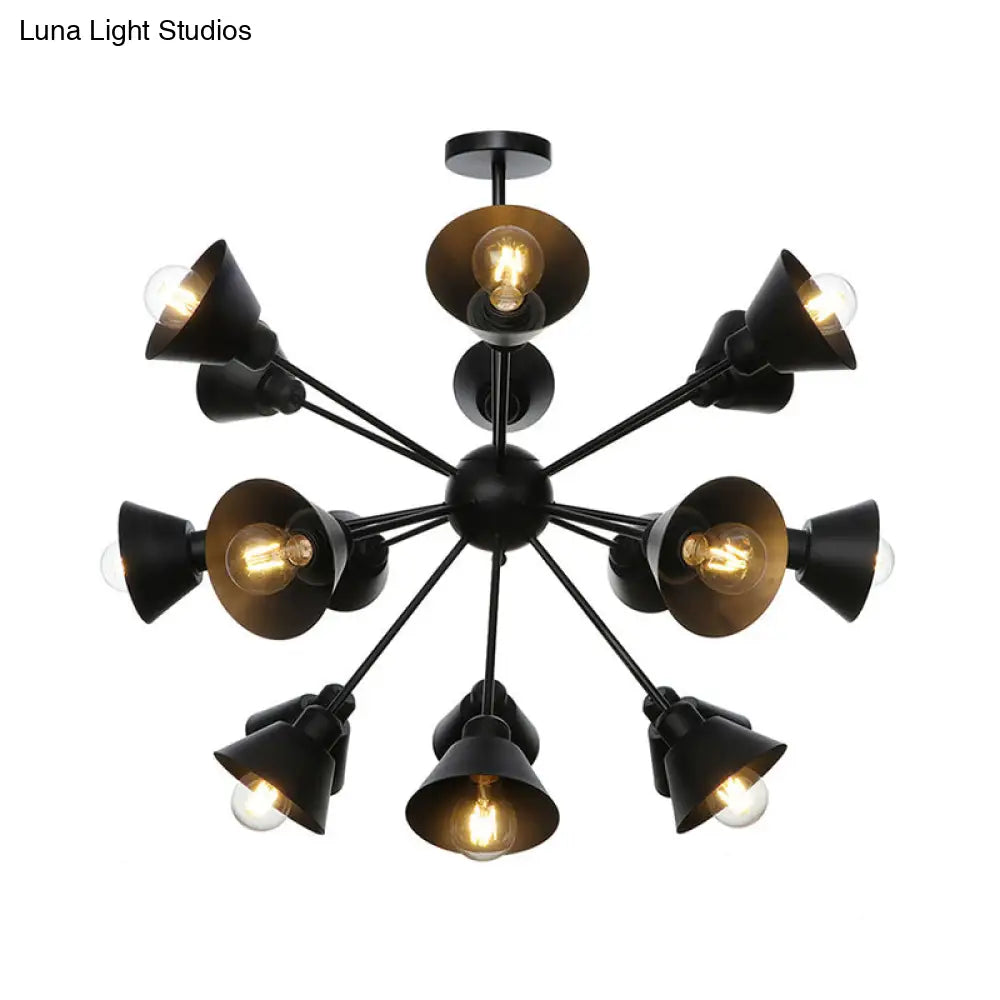 Industrial Stylish Metal Hanging Lamp With Sputnik Design - Cone Shade 9/12/15 Lights Black