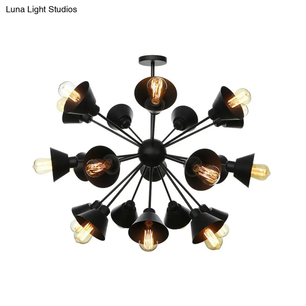 Industrial Stylish Metal Hanging Lamp With Sputnik Design - Cone Shade 9/12/15 Lights Black