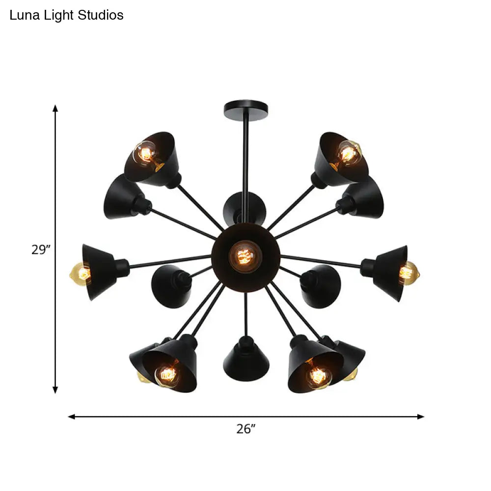 Industrial Stylish Metal Hanging Lamp With Sputnik Design - Cone Shade 9/12/15 Lights Black