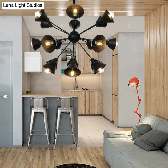 Industrial Stylish Metal Hanging Lamp With Sputnik Design - Cone Shade 9/12/15 Lights Black