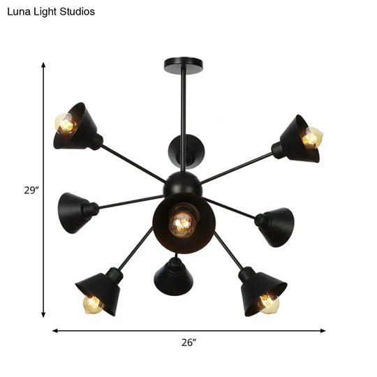 Industrial Stylish Metal Hanging Lamp With Sputnik Design - Cone Shade 9/12/15 Lights Black