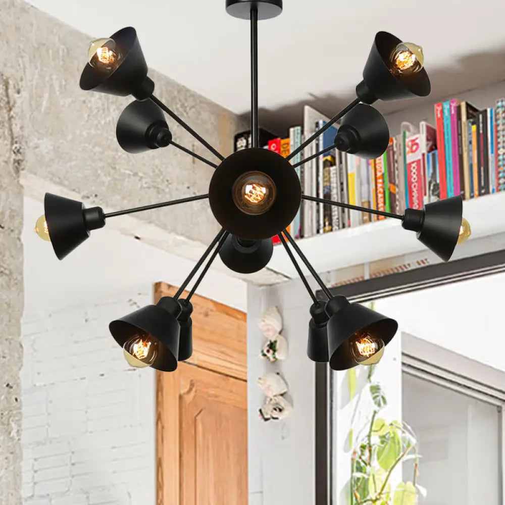 Industrial Stylish Metal Hanging Lamp With Sputnik Design - Cone Shade 9/12/15 Lights Black