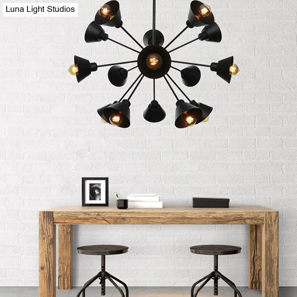 Industrial Stylish Metal Hanging Lamp With Sputnik Design - Cone Shade 9/12/15 Lights Black