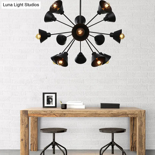 Industrial Stylish Metal Hanging Lamp With Sputnik Design - Cone Shade 9/12/15 Lights Black