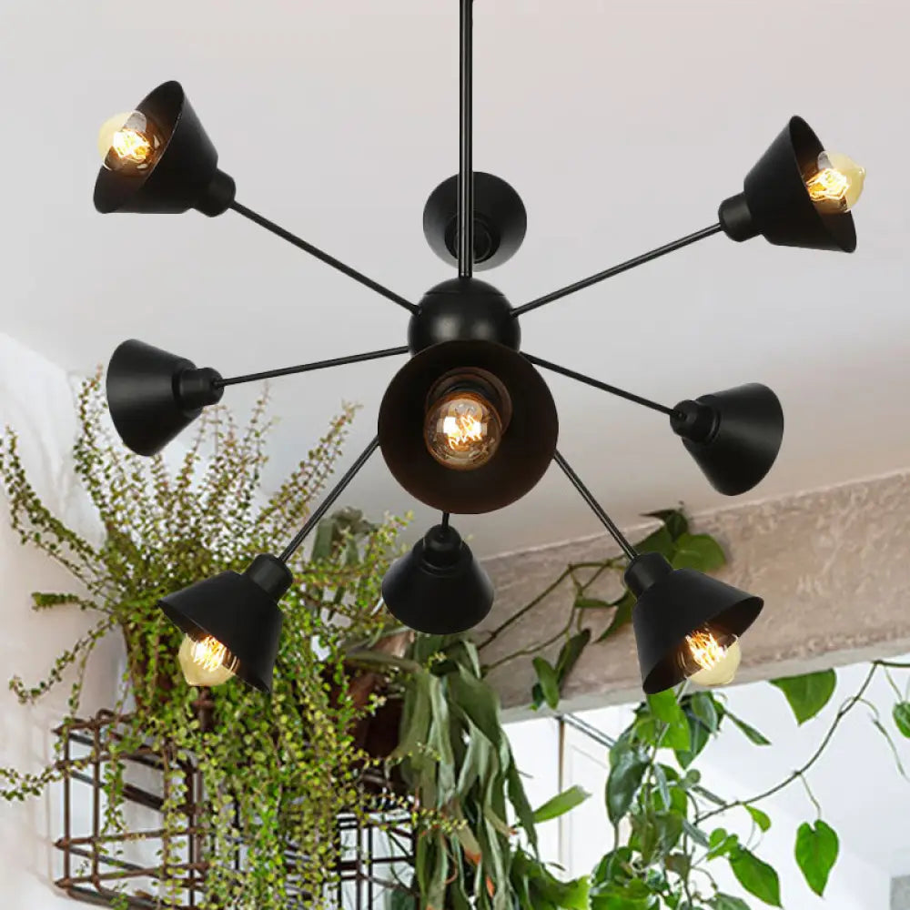 Industrial Stylish Metal Hanging Lamp With Sputnik Design - Cone Shade 9/12/15 Lights Black