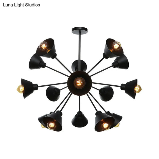 Industrial Stylish Metal Hanging Lamp With Sputnik Design - Cone Shade 9/12/15 Lights Black