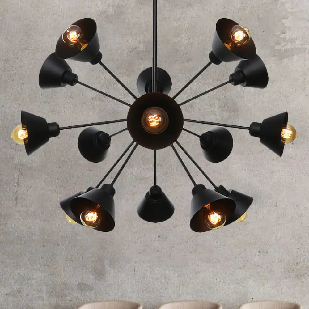 Industrial Stylish Metal Hanging Lamp With Sputnik Design - Cone Shade 9/12/15 Lights Black