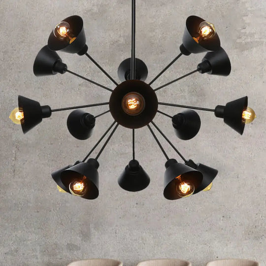 Industrial Stylish Metal Hanging Lamp With Sputnik Design - Cone Shade 9/12/15 Lights Black