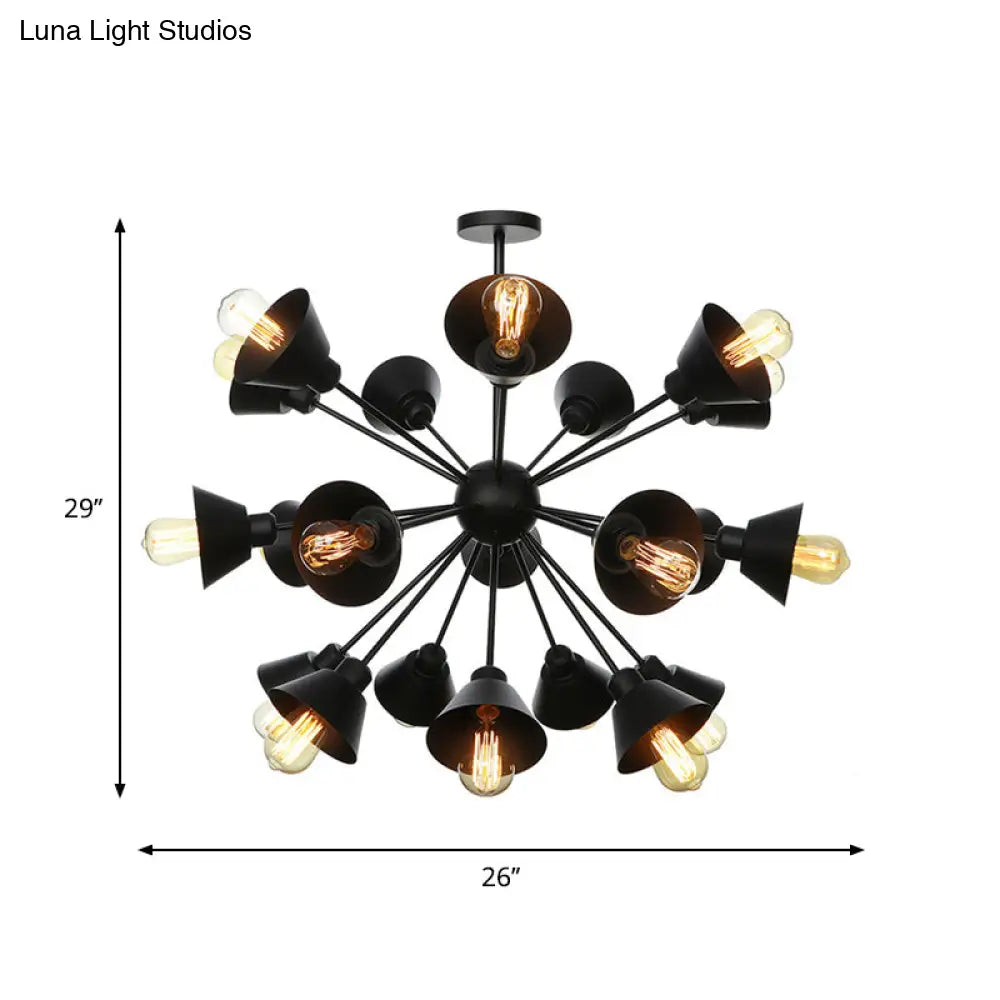 Industrial Stylish Metal Hanging Lamp With Sputnik Design - Cone Shade 9/12/15 Lights Black