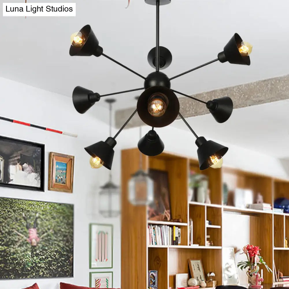 Sleek 9/12/15 Lights Black Chandelier Pendant Light With Industrial Sputnik Design - Cone Shade