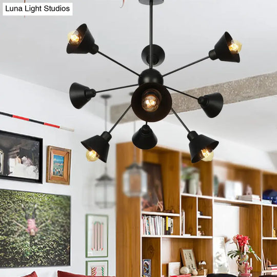 Sleek 9/12/15 Lights Black Chandelier Pendant Light With Industrial Sputnik Design - Cone Shade