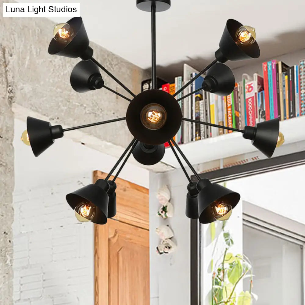 Sleek 9/12/15 Lights Black Chandelier Pendant Light With Industrial Sputnik Design - Cone Shade