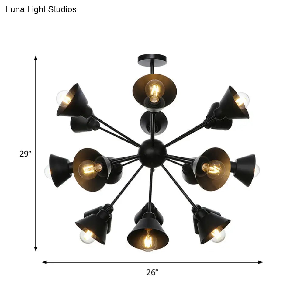 Industrial Stylish Metal Hanging Lamp With Sputnik Design - Cone Shade 9/12/15 Lights Black