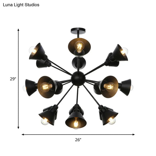 Industrial Stylish Metal Hanging Lamp With Sputnik Design - Cone Shade 9/12/15 Lights Black