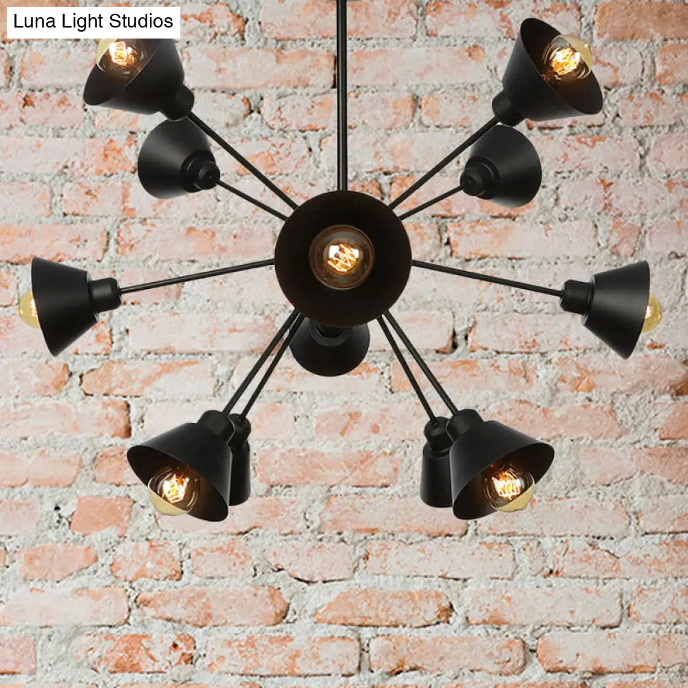 Industrial Stylish Metal Hanging Lamp With Sputnik Design - Cone Shade 9/12/15 Lights Black