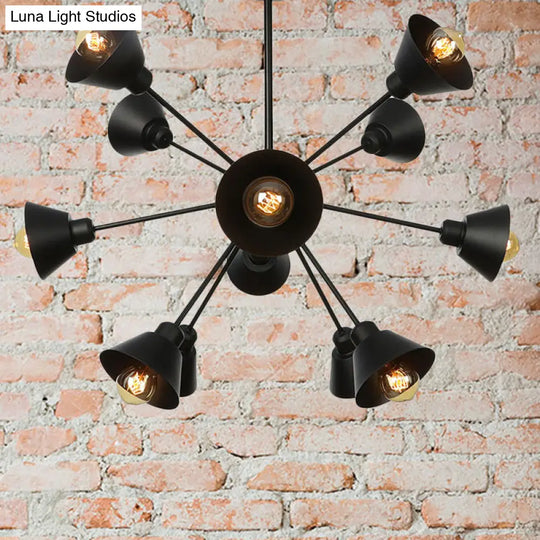 Industrial Stylish Metal Hanging Lamp With Sputnik Design - Cone Shade 9/12/15 Lights Black