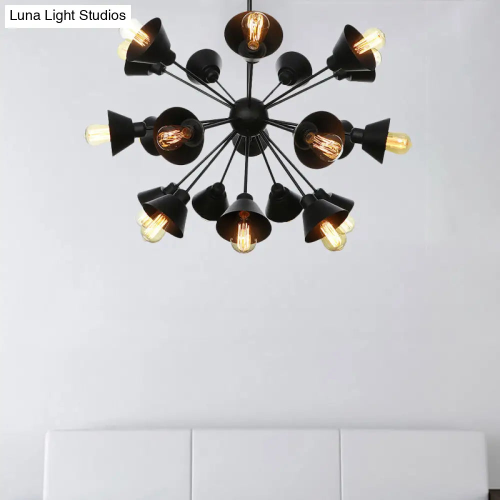 Industrial Stylish Metal Hanging Lamp With Sputnik Design - Cone Shade 9/12/15 Lights Black