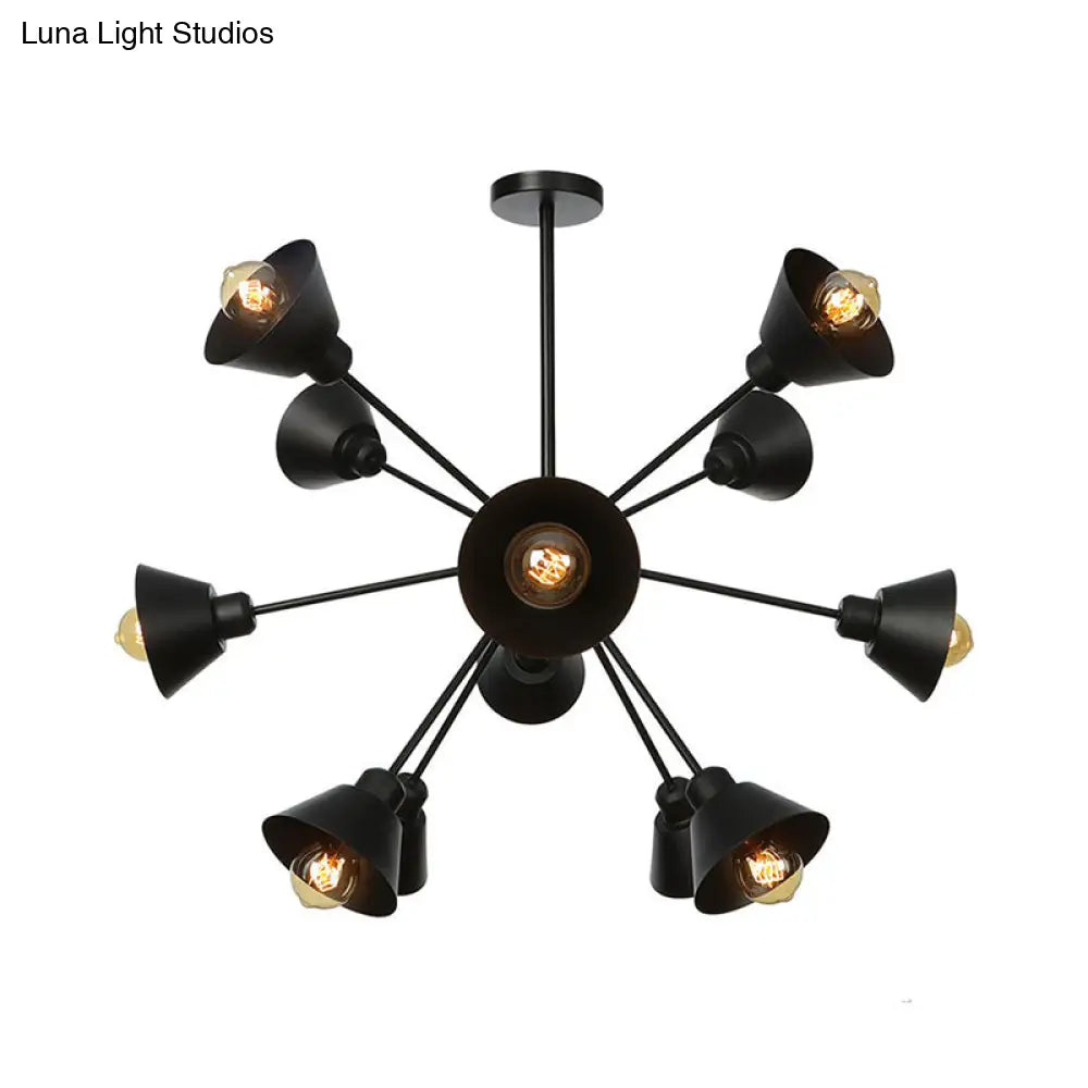 Industrial Stylish Metal Hanging Lamp With Sputnik Design - Cone Shade 9/12/15 Lights Black