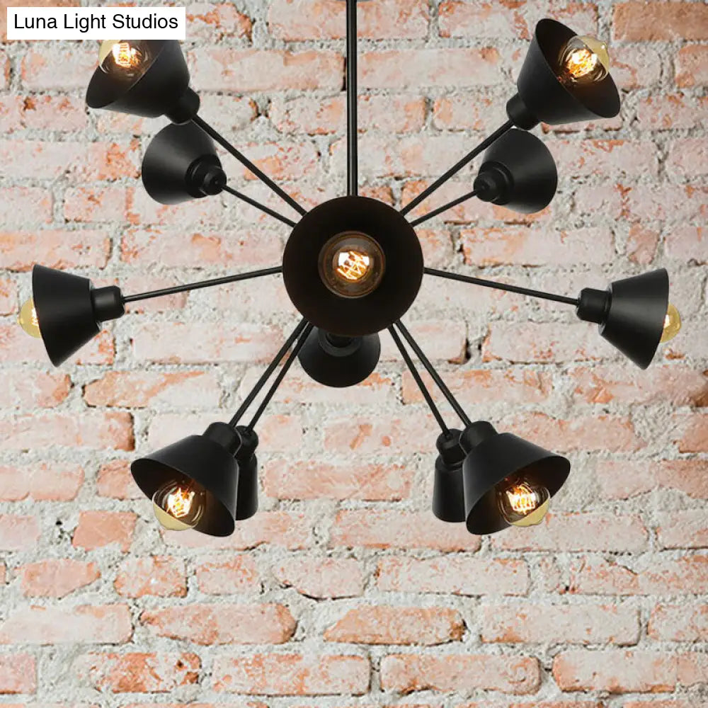 Sleek 9/12/15 Lights Black Chandelier Pendant Light With Industrial Sputnik Design - Cone Shade