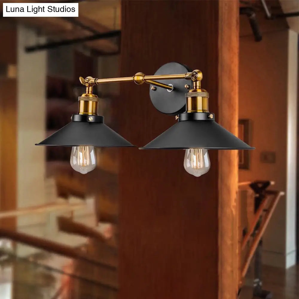 Industrial Stylish Metal Wall Sconce Lighting For Living Room - 2 Heads Light With Conical Shade In