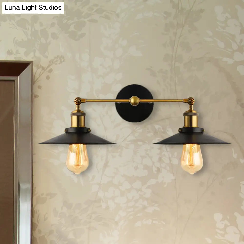 Industrial Stylish Metal Wall Sconce Lighting For Living Room - 2 Heads Light With Conical Shade In