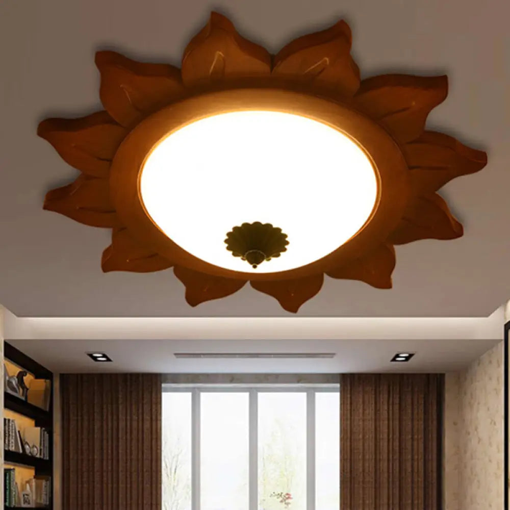 Industrial Sun Shade Opal Glass Led Flushmount Ceiling Light In Brown For Living Room