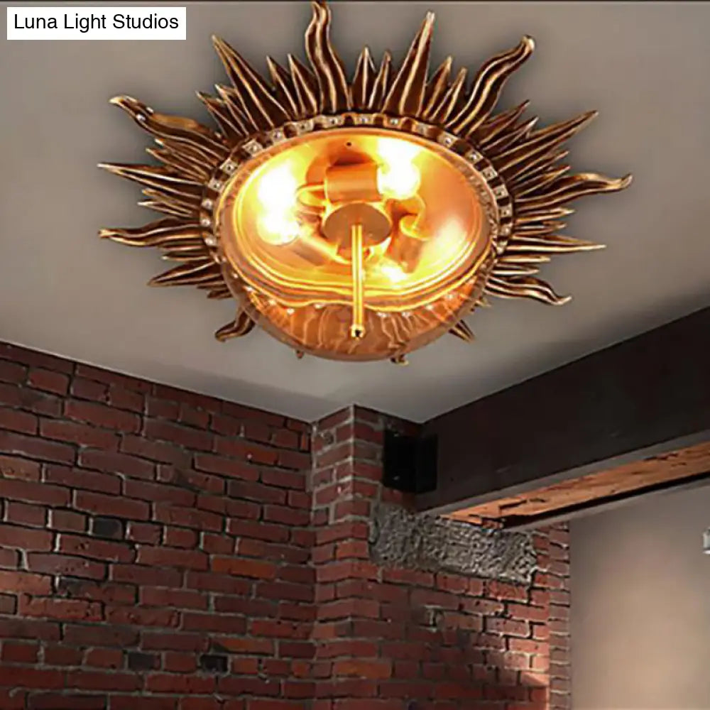 Industrial Sunburst Brass Clear Glass Ceiling Mount Flush Fixture - Perfect For Living Room