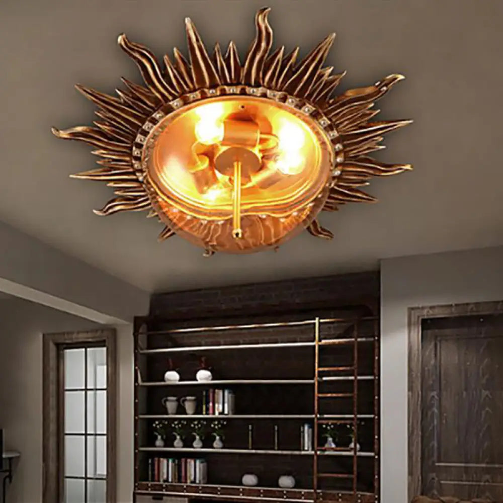 Industrial Sunburst Brass Clear Glass Ceiling Mount Flush Fixture - Perfect For Living Room