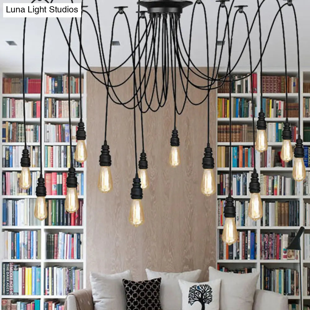 Swag Hanging Lamp - Industrial Style Pendant Light With Metal Bulb Holders In Black Finish