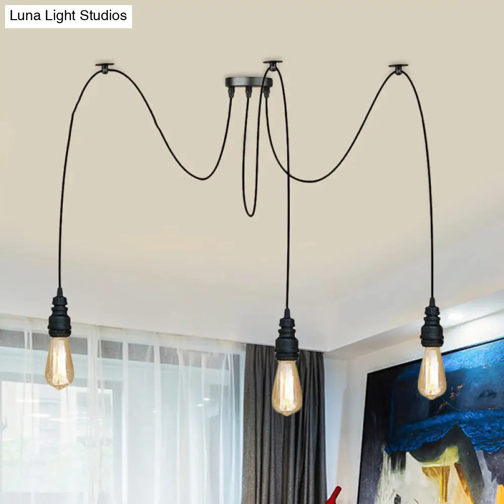 Swag Hanging Lamp - Industrial Style Pendant Light With Metal Bulb Holders In Black Finish