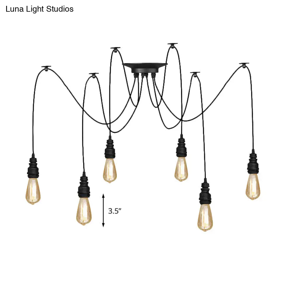 Industrial Swag Hanging Lamp With Exposed Lights - Black Metal Pendant Light For Kitchen (2/3/6