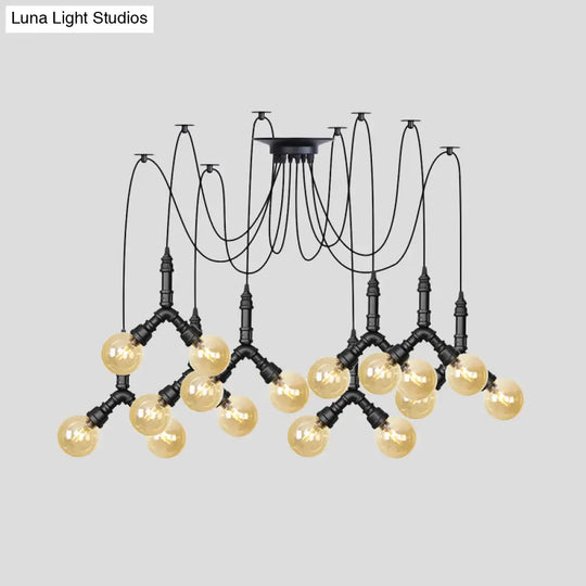 Industrial Swag Pendant Light - Amber Glass Globe Multiple Ceiling Lights Led Black Finish Perfect