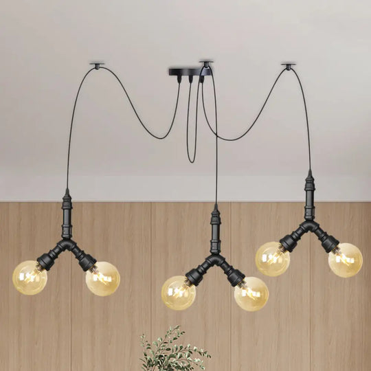 Industrial Swag Pendant Light - Amber Glass Globe Multiple Ceiling Lights Led Black Finish Perfect