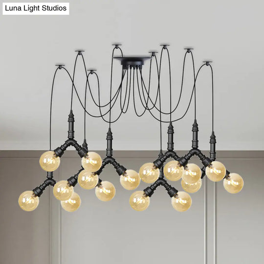 Industrial Amber Glass Globe Swag Ceiling Light With Led - 4/6/12 Lights For Restaurant And Home In